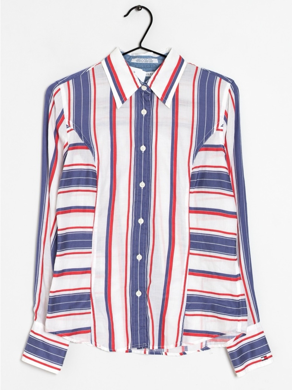 Tommy Hilfiger White Button-Up Shirt with Blue & Red Stripes